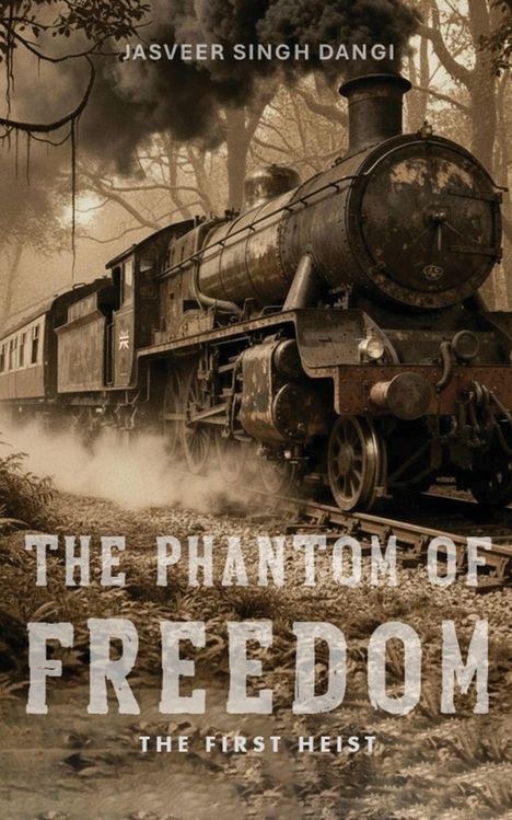 "Jasveer Singh Dangi. The Phantom of Freedom: The First Heist." Vintage Dampflok fährt durch Wald, rauchend.