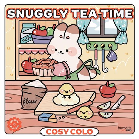 "SNUGGLY TEA TIME" steht oben; unten "Cosy Colo". Illustration: Hase mit Kuchen und Küken auf Küchentheke.