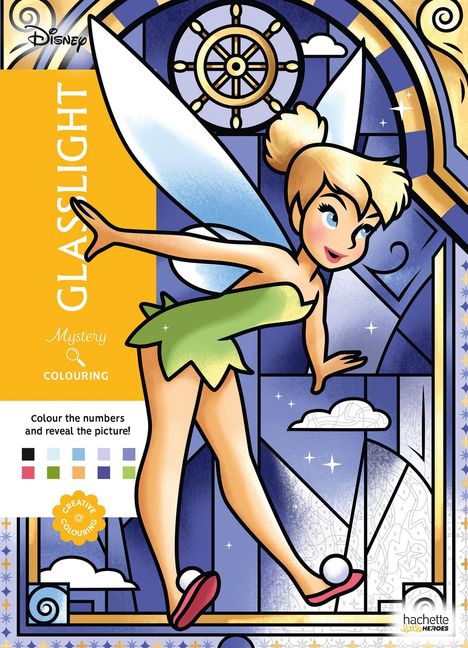 "Glasslight Mystery Colouring. Colour the numbers and reveal the picture!" Illustration einer Fee mit blonden Haaren und grünem Kleid.