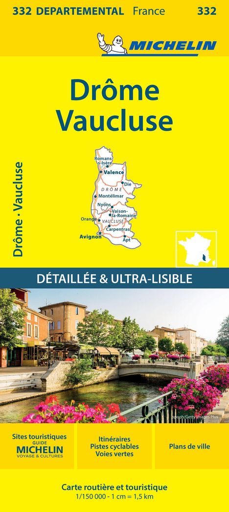 "Drôme Vaucluse", Karte, "Détailée & Ultra-lisible", touristischer Führer mit Bild einer charmanten Stadtansicht.