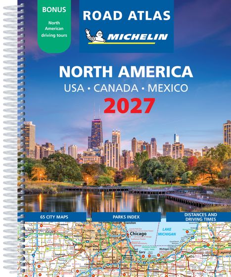 "Road Atlas", "Michelin", "North America", "USA", "Canada", "Mexico", "2027". Skyline einer Großstadt mit Fluss.