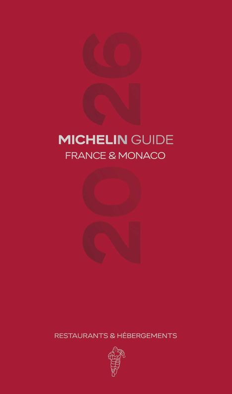 "MICHELIN GUIDE FRANCE & MONACO 2026" in weißen Buchstaben auf rotem Hintergrund mit dem Michelin-Männchen-Logo unten.