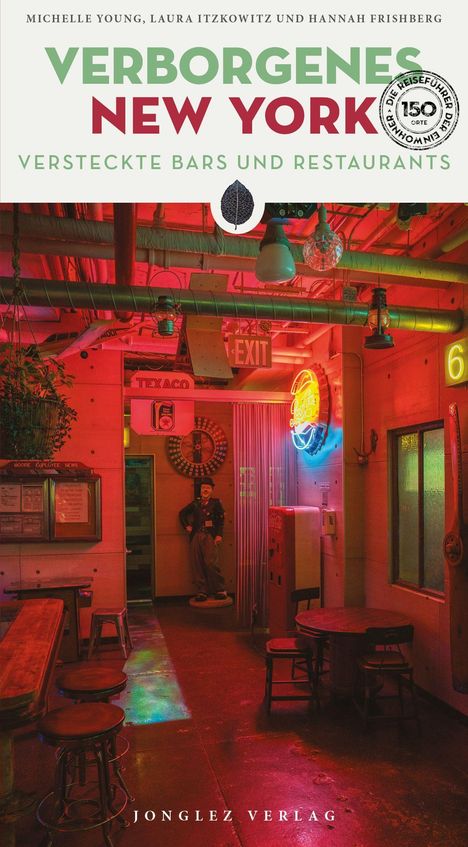 „Verborgenes New York“ über einer retrobeleuchteten Bar mit Neonschildern und Deko.