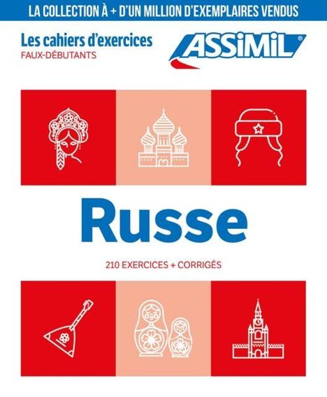 „Russe“, „210 Exercices + Corrigés“. Illustrationen russischer Symbole: Matrjoschka, Basilius-Kathedrale, Pelzmütze.