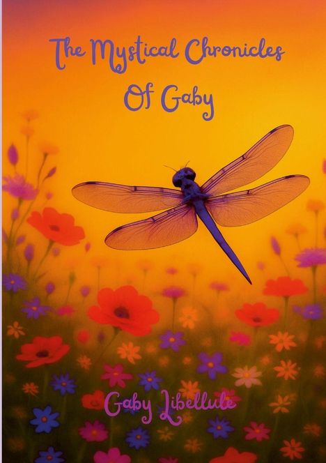 Text: "The Mystical Chronicles Of Gaby", "Gaby Libellule". Illustration: Libelle vor buntem Blumenhintergrund in warmen Farben.