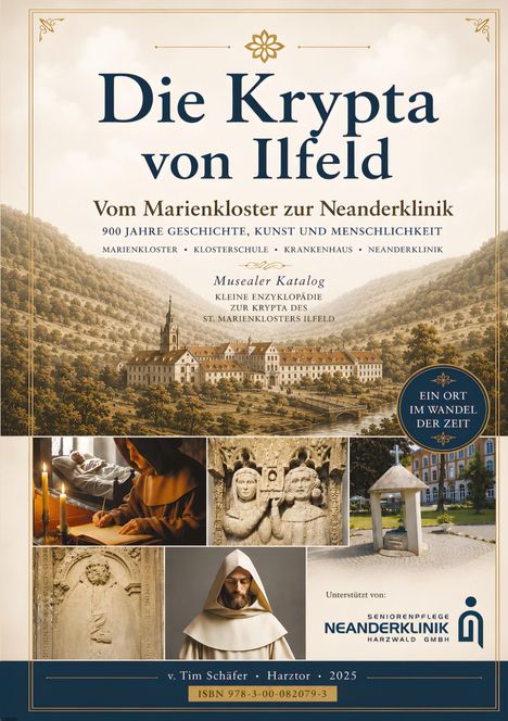 „Die Krypta von Ilfeld: Vom Marienkloster zur Neanderklinik. Ein Buchcover mit Klosterdarstellungen und Mönch.“