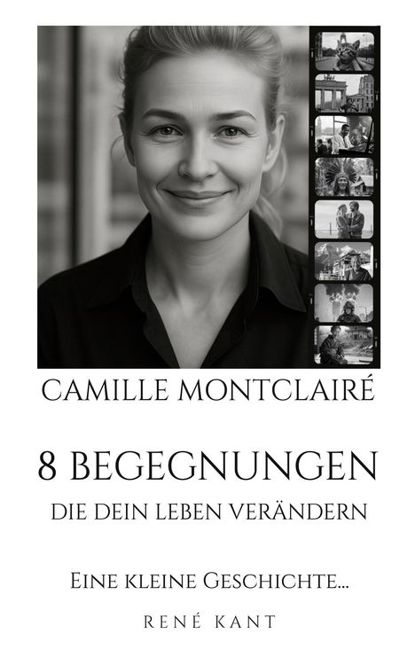"Camille Montclairé: 8 Begegnungen die dein Leben verändern. Eine kleine Geschichte... René Kant." Foto einer lächelnden Frau.