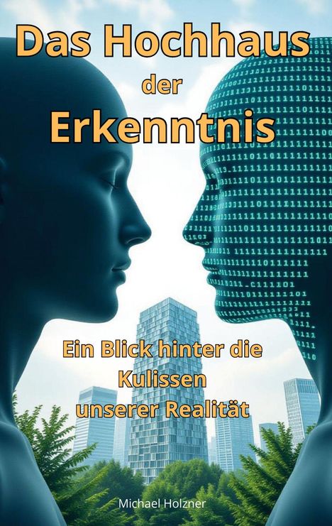 "Das Hochhaus der Erkenntnis. Ein Blick hinter die Kulissen unserer Realität. Michael Holzner." Zwei Gesichter, eins digital.