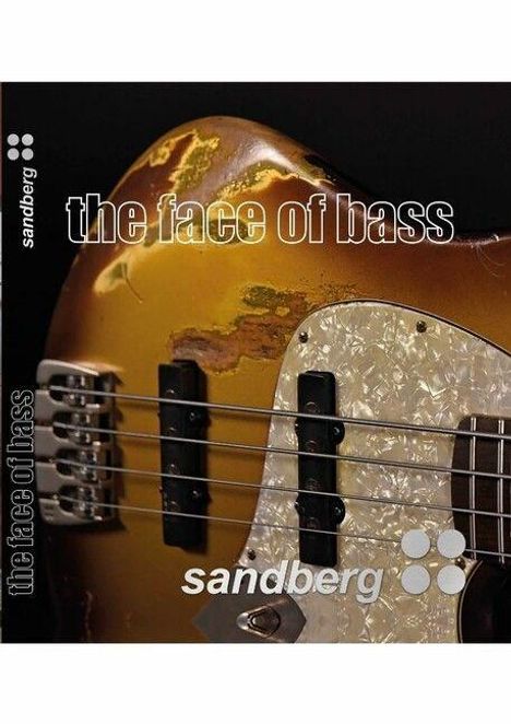 Text: "the face of bass" und "sandberg". Zeigt eine Nahaufnahme eines Vintage-Basses mit abgenutzter Oberfläche.
