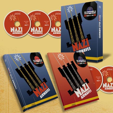 CDs und Buchcover mit "NAZI AIRWAVES". Art Deco Funkturm-Design, blaues und rotes Farbschema.