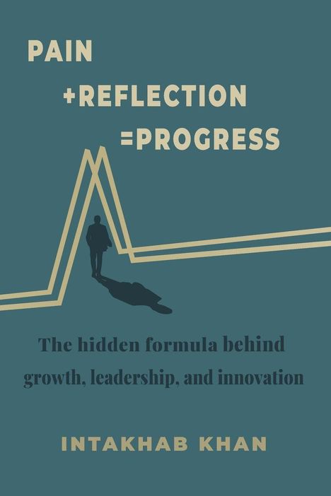 "PAIN +REFLECTION =PROGRESS. The hidden formula behind growth, leadership, and innovation. INTAKHAB KHAN." Ein stilisiertes Diagramm und ein gehender Mann.