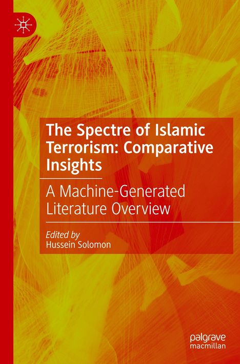 „The Spectre of Islamic Terrorism: Comparative Insights“ in weißer Schrift auf rotem Hintergrund mit gelbem Muster.