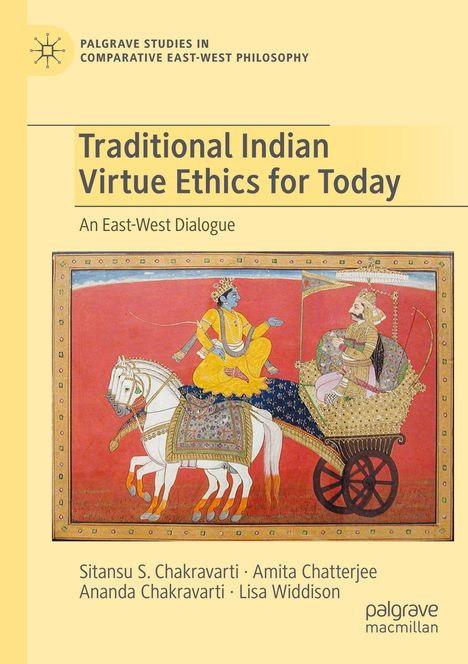 "Traditional Indian Virtue Ethics for Today" steht groß geschrieben. Illustration zeigt Krishna und Arjuna auf einem Wagen.