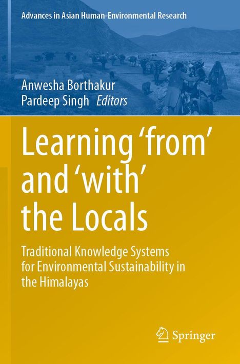 "Learning 'from' and 'with' the Locals" steht groß auf einem gelben Hintergrund. Oben ein verblasstes Foto von Menschen in einer Berglandschaft.