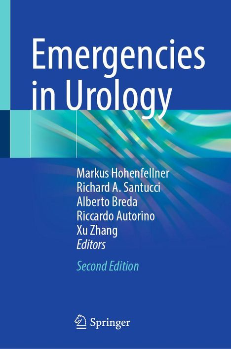 "Emergencies in Urology", Markus Hohenfellner, Richard A. Santucci, Alberto Breda. Blau-grüne abstrakte Muster, Springer-Logo.