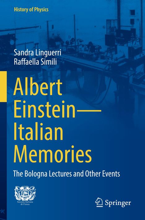 Titel: "Albert Einstein—Italian Memories". Autoren: Sandra Lingueri, Raffaella Simili. Blaues Cover, technische Illustration.