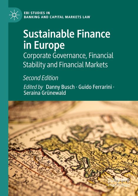 Titel: "Sustainable Finance in Europe". Ein Buchcover mit einer vintage Europakarte.