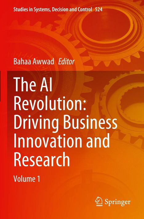 "The AI Revolution: Driving Business Innovation and Research, Volume 1." Rotes Cover mit Zahnräder als Hintergrund.