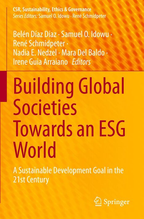 Text: "Building Global Societies Towards an ESG World: A Sustainable Development Goal in the 21st Century". Hintergrund: gelb-orange.