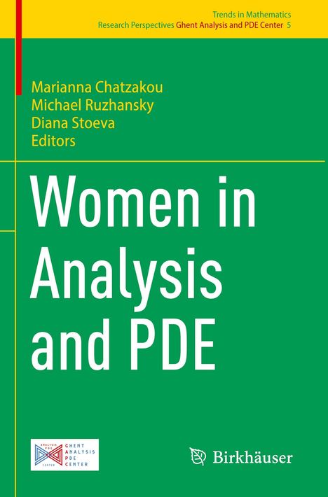 "Buchtitel: 'Women in Analysis and PDE'. Herausgeber: Marianna Chatzakou, Michael Ruzhansky, Diana Stoeva. Grünen Hintergrund."