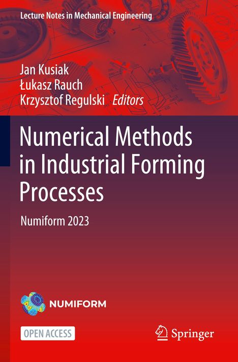 "Numerical Methods in Industrial Forming Processes" oben Zahnräder, unten Numiform-Logo.