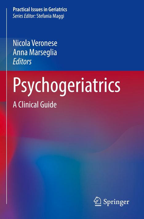 "Psychogeriatrics: A Clinical Guide" in weißen Buchstaben auf blau-rotem Hintergrund, Verlag Springer-Logo unten.
