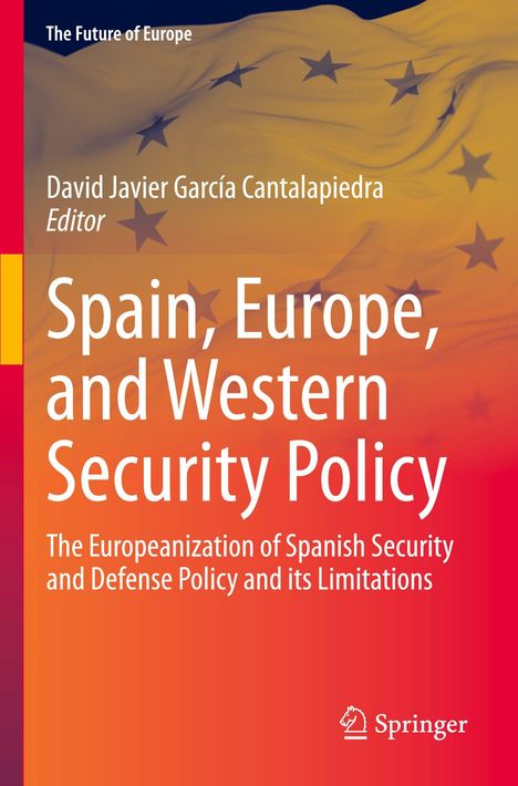 "Spain, Europe, and Western Security Policy" mit gelb-rotem Hintergrund und Sternen, Springer-Logo unten.