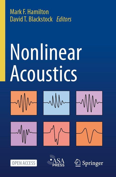 „Nonlinear Acoustics“ von Mark F. Hamilton und David T. Blackstock. Sechs bunte Quadrate mit Wellenformen. Logos von ASA Press und Springer.
