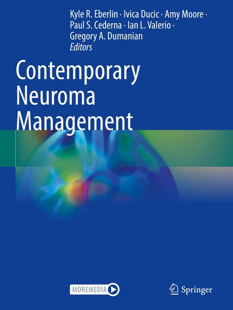 Text: "Contemporary Neuroma Management". Autoren: Kyle R. Eberlin, Ivica Ducic, Amy Moore, Paul S. Cederna, Ian L. Valerio, Gregory A. Dumanian. Unten links ein "MOREMEDIA" Logo, unten rechts "Springer". Abstrakte, farbige Grafik in der Mitte.