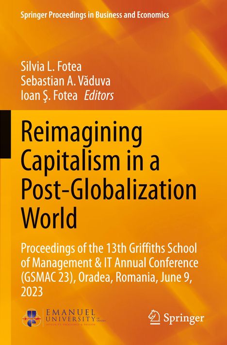 Reimagining Capitalism in a Post-Globalization World. Bücher-Cover in Orange mit Logos von Emanuel University und Springer.