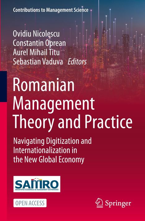 Titel: Romanian Management Theory and Practice. Roter Hintergrund mit Stadtsilhouette und Lichtpunkten. Logo: SAMRO.