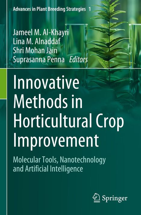 Buchtitel: "Innovative Methods in Horticultural Crop Improvement". Hintergrund zeigt Pflanze in Reagenzglas.