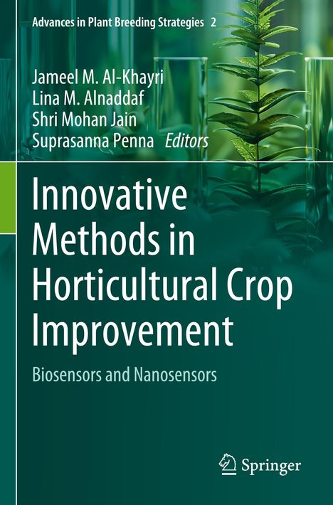 Titel: “Innovative Methods in Horticultural Crop Improvement.” Hintergrund: Pflanze mit Reagenzgläsern. Springer-Logo.