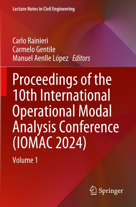 "Proceedings of the 10th International Operational Modal Analysis Conference (IOMAC 2024), Volume 1." Bunte abstrakte Grafik.