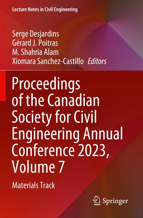 "Proceedings of the Canadian Society for Civil Engineering Annual Conference 2023, Volume 7; Materials Track." Roter Hintergrund.