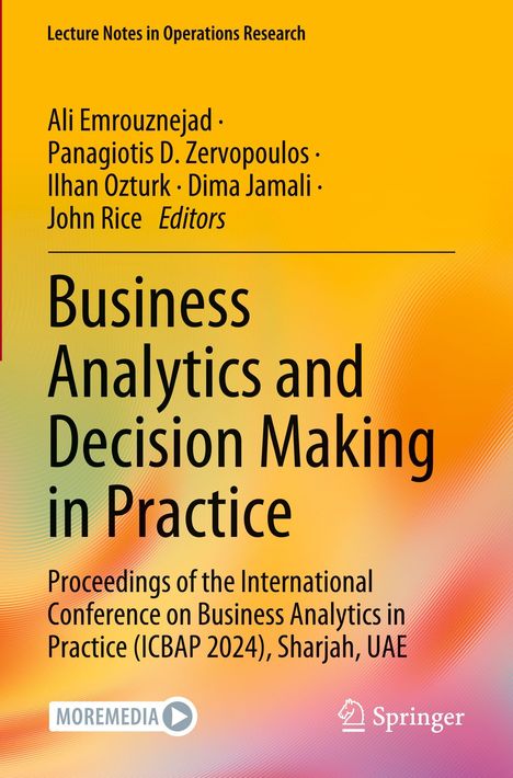 Text: "Lecture Notes in Operations Research", Namen der Herausgeber, Titel: "Business Analytics and Decision Making in Practice", konferenzbezogene Informationen. Das Hintergrunddesign ist ein gelber bis oranger Farbverlauf. Rechts unten ist ein Logo mit einem stilisierten Pferdekopf.