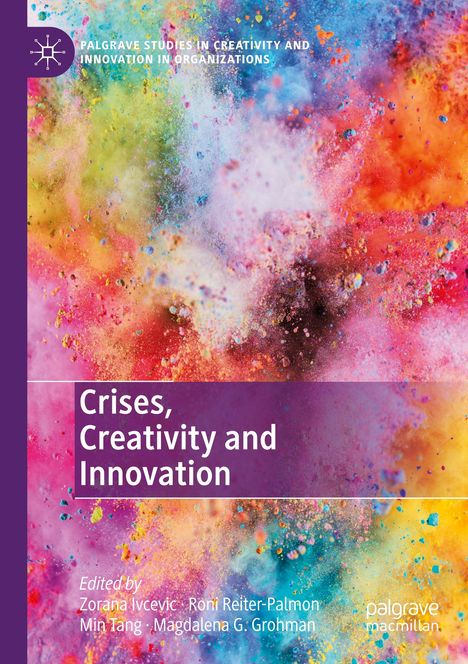 „Crises, Creativity and Innovation“ in weißer Schrift auf lila Hintergrund. Bunte Farbexplosionen im Hintergrund.