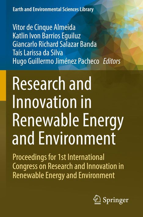 „Research and Innovation in Renewable Energy and Environment“ ist groß geschrieben. Bunte, geometrische Formen im Hintergrund.