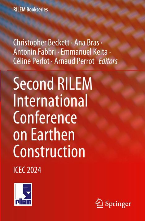 "Second RILEM International Conference on Earthen Construction ICEC 2024" in weißer Schrift auf rotem Hintergrund.