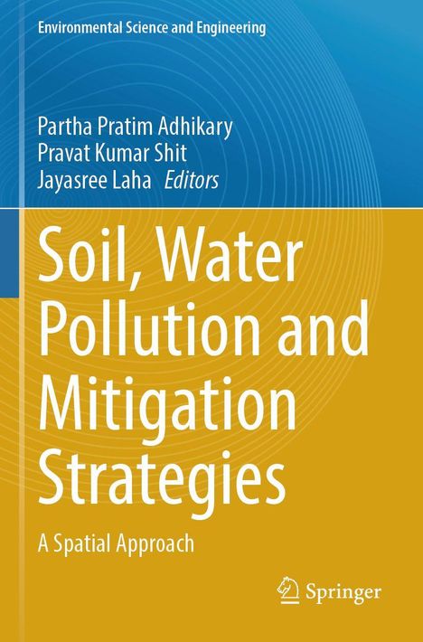 Buchcover: "Soil, Water Pollution and Mitigation Strategies: A Spatial Approach." Blaue und gelbe Bereiche, Springer-Logo.