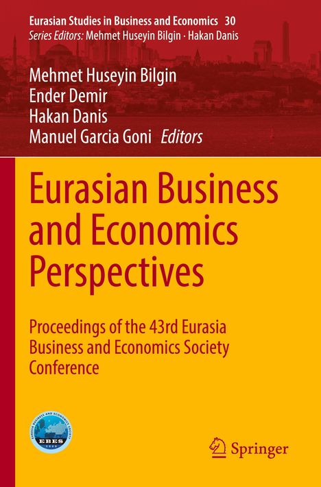 "Eurasian Business and Economics Perspectives", Konferenzband, rote und gelbe Farben, Logo von Springer und EBES.
