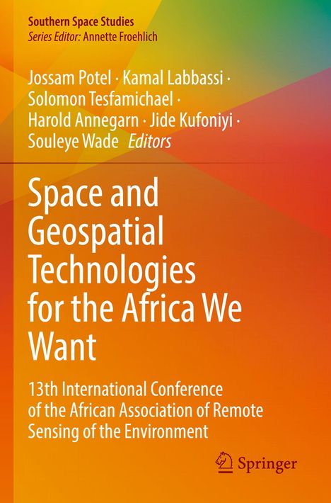 Titel: "Space and Geospatial Technologies for the Africa We Want". Buntes, abstraktes Hintergrunddesign.