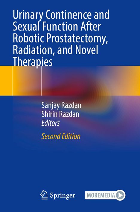 Buchtitel: "Urinary Continence and Sexual Function After Robotic Prostatectomy, Radiation, and Novel Therapies"; Herausgeber: Sanjay und Shirin Razdan; "Second Edition"; Blau-gelber Hintergrund mit Springer-Logo.