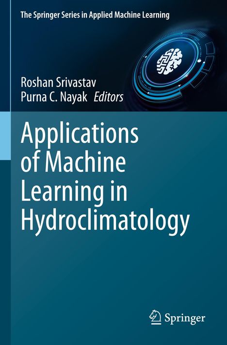 "Applications of Machine Learning in Hydroclimatology" in weißen Buchstaben. Links blaue Farbverläufe, rechts ein Gehirn-Icon.