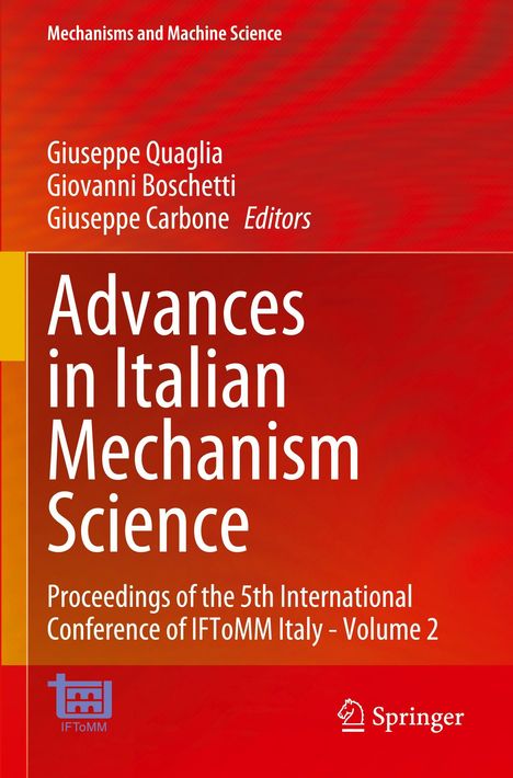"Advances in Italian Mechanism Science" in Weiß auf rotem Hintergrund, mit IFToMM-Logo unten links.