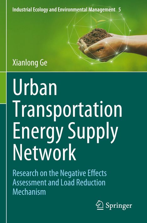 Text: "Urban Transportation Energy Supply Network". Hände halten Erde mit Setzling, umgeben von einem geometrischen Muster.