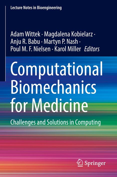 „Computational Biomechanics for Medicine“ auf buntem, horizontal gestreiftem Hintergrund. Springer-Logo unten.