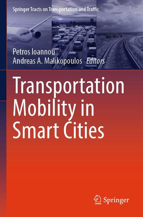 "Transportation Mobility in Smart Cities" ist in großer Schrift abgebildet. Ein Flugzeug, Autos und Schienen im Hintergrund.