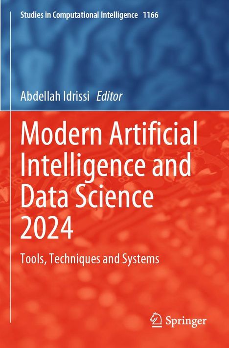 „Modern Artificial Intelligence and Data Science 2024“ in Weiß auf orange-rot. Blaues und rotes Hintergrundmuster.