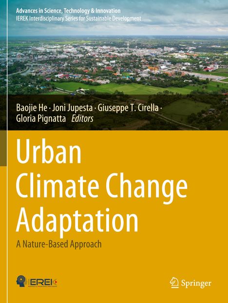 "Urban Climate Change Adaptation: A Nature-Based Approach." Luftaufnahme einer Stadt und ländlicher Umgebung. Springer-Logo.